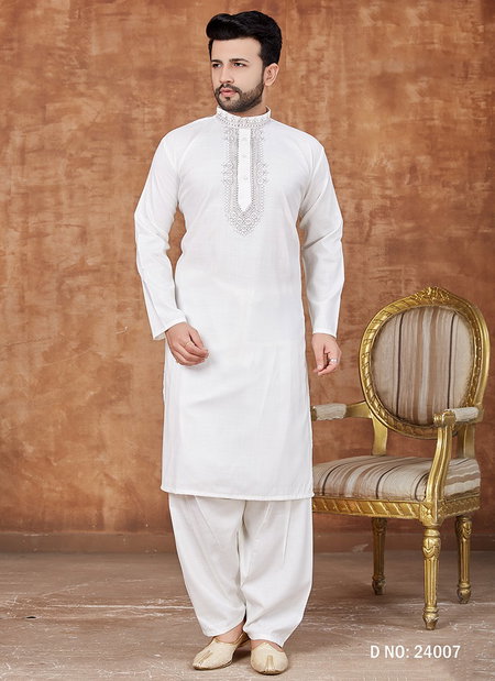 White Outluk Vol 24 Stylish Festive Wear Heavy Cotton Mens Wear Pathani Latest Collection 24007
